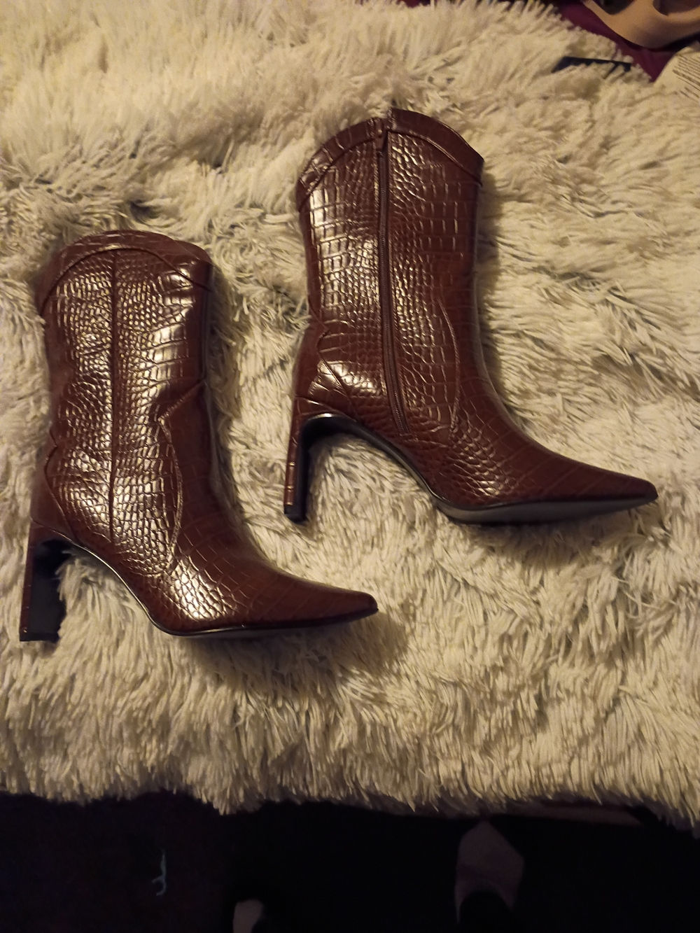 Women's Brown Croc-Embossed Pointed Toe Heeled Boots